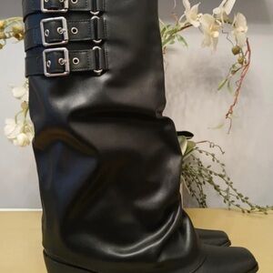 Boots Black Heeled Boots with Triple Buckle Detail